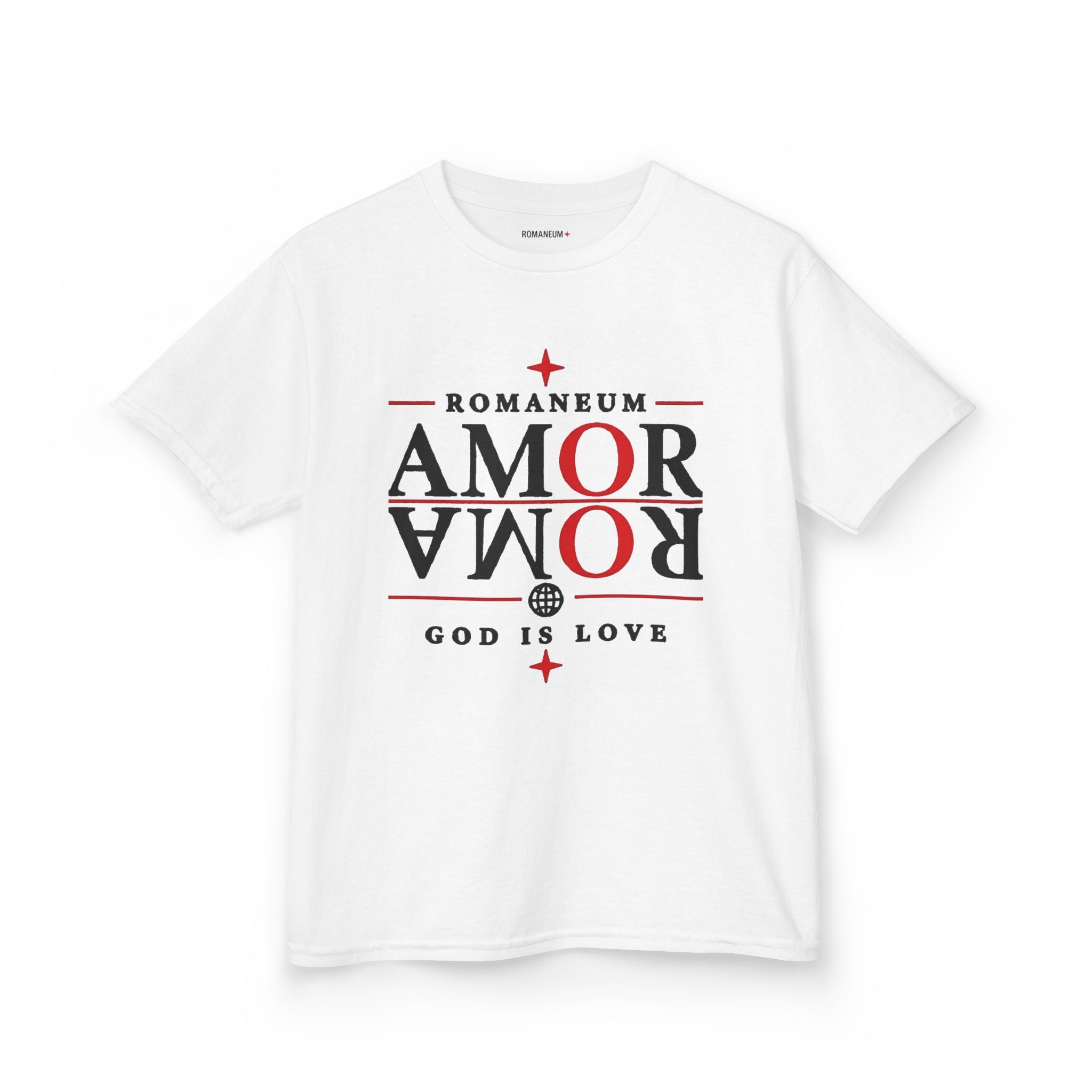 Kids Tee — "Amor Roma / God is Love" Religious Graphic Shirt
