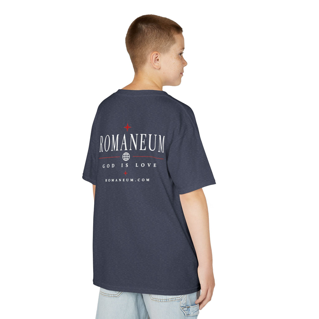 Kids Tee — "Amor Roma / God is Love" Religious Graphic Shirt