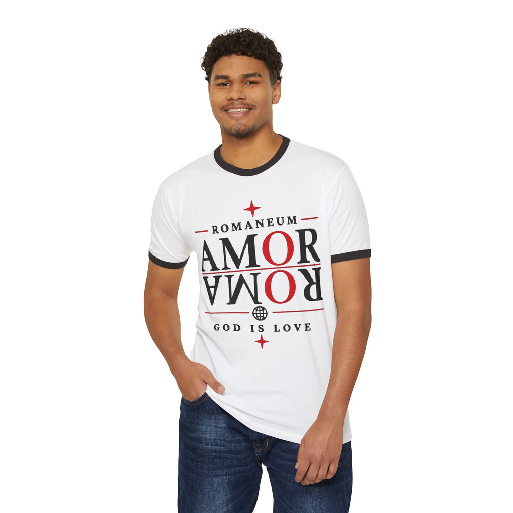 Romaneum "AMOR/ROMA" Ringer Tee — God Is Love Christian T‑Shirt