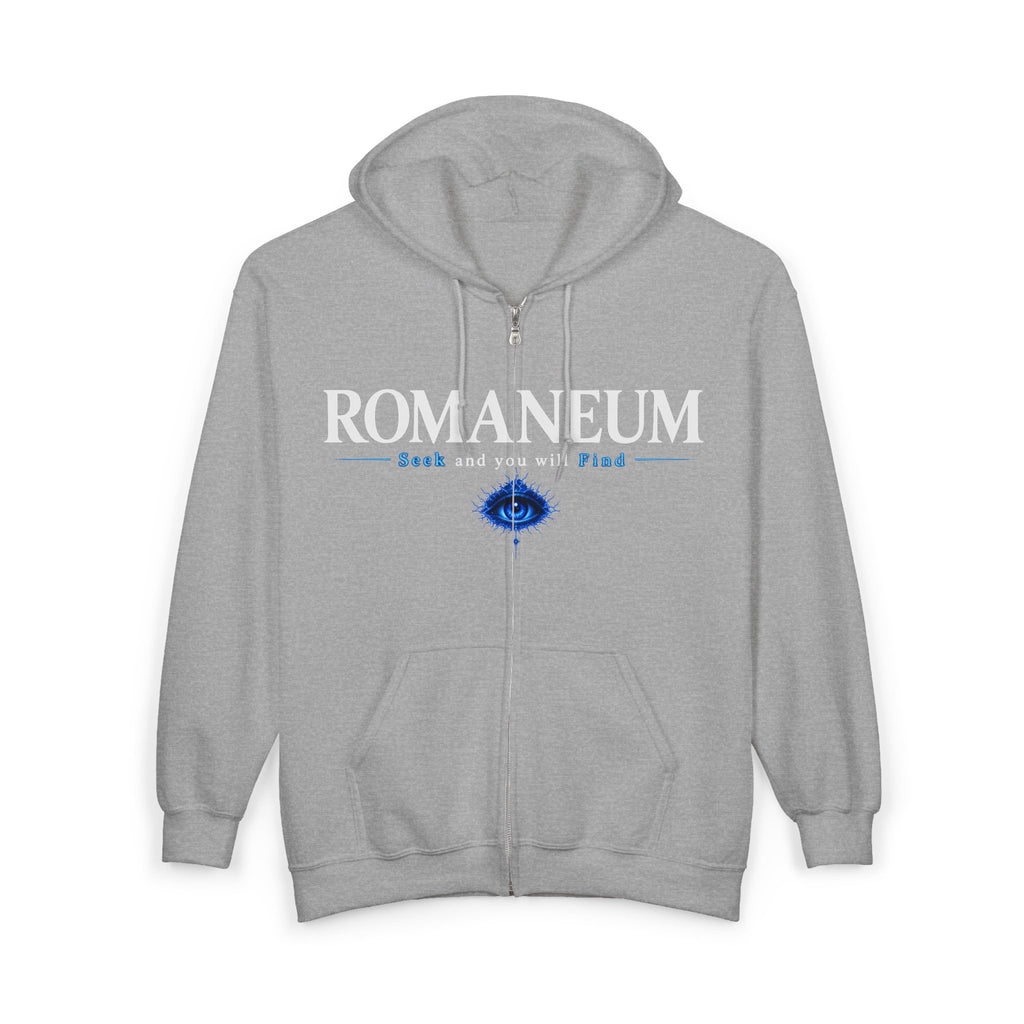 Romaneum Zip Hoodie — "Seek and you will Find" Gothic Logo