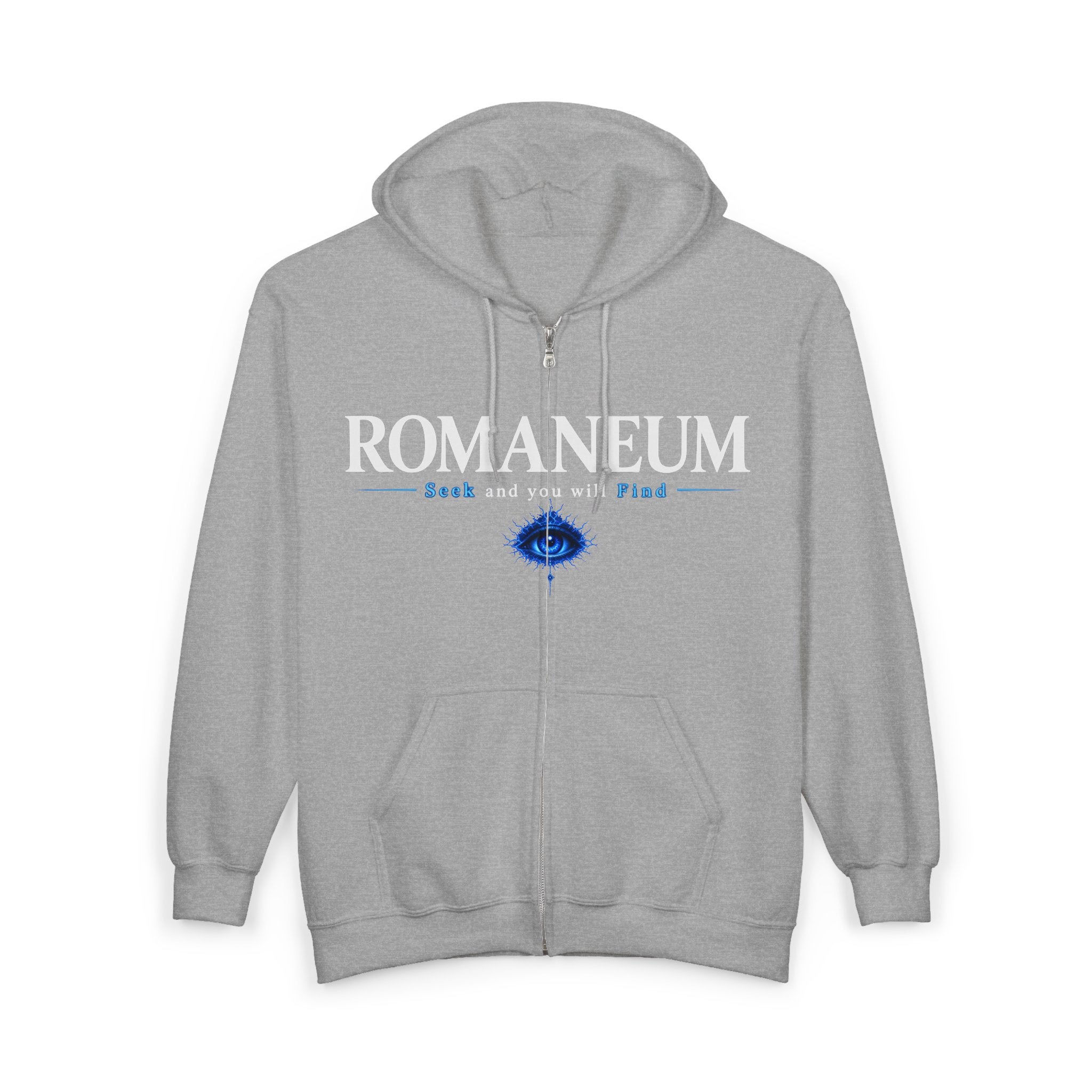 Romaneum Zip Hoodie — "Seek and you will Find" Gothic Logo
