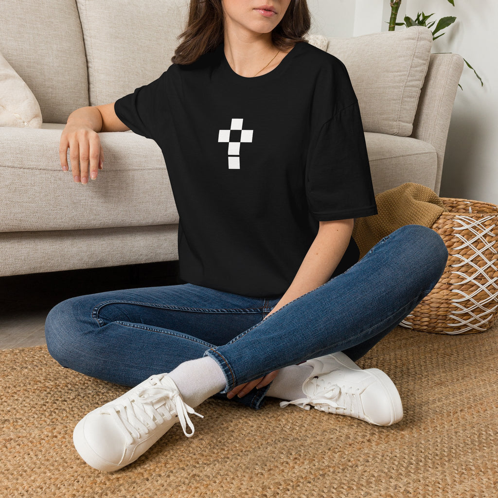 Romaneum Minimal Pixel Cross T-Shirt | Small Geometric Church Symbol