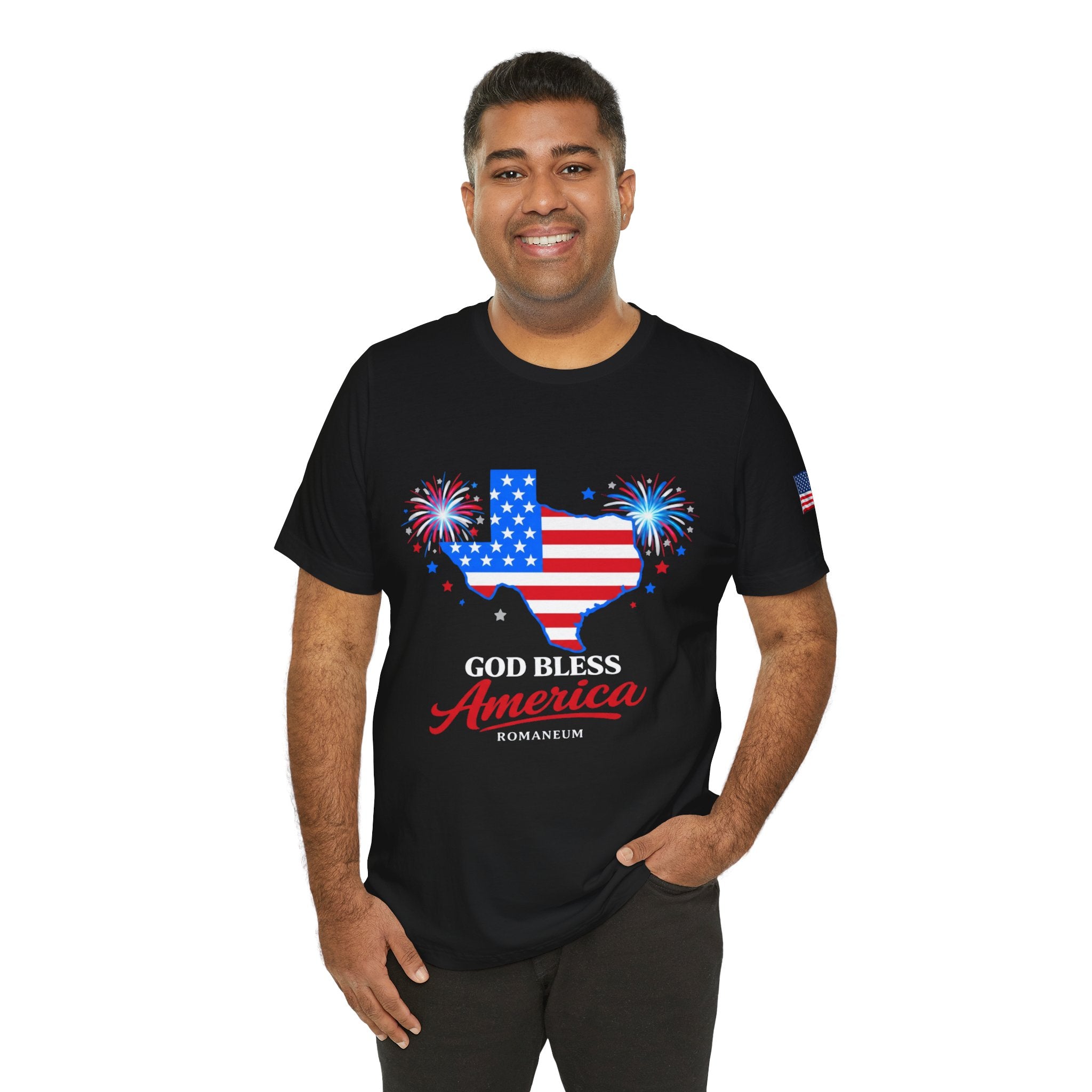 Romaneum God Bless America map tee | American flag outline, fireworks, patriotic shirt
