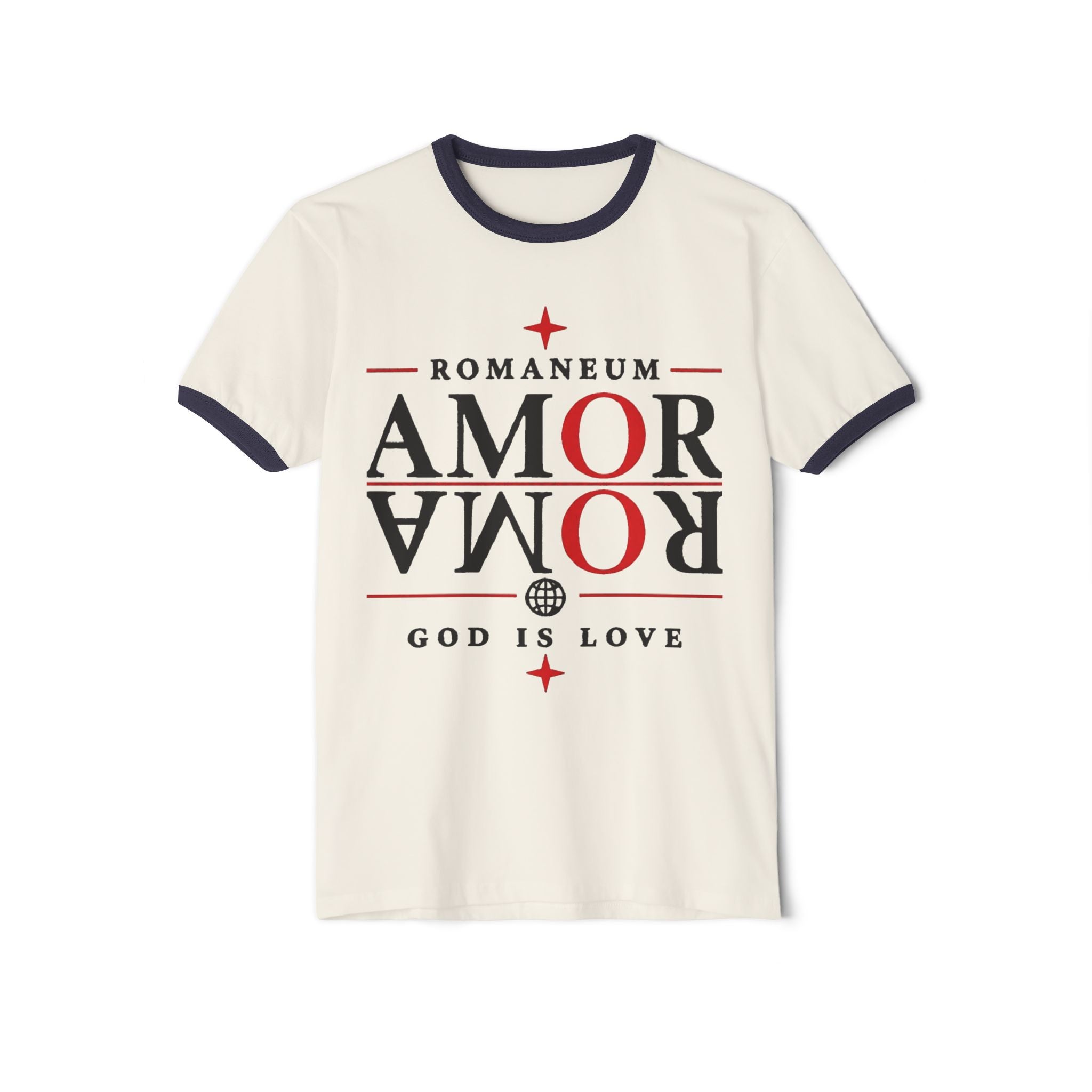 Romaneum "AMOR/ROMA" Ringer Tee — God Is Love Christian T‑Shirt