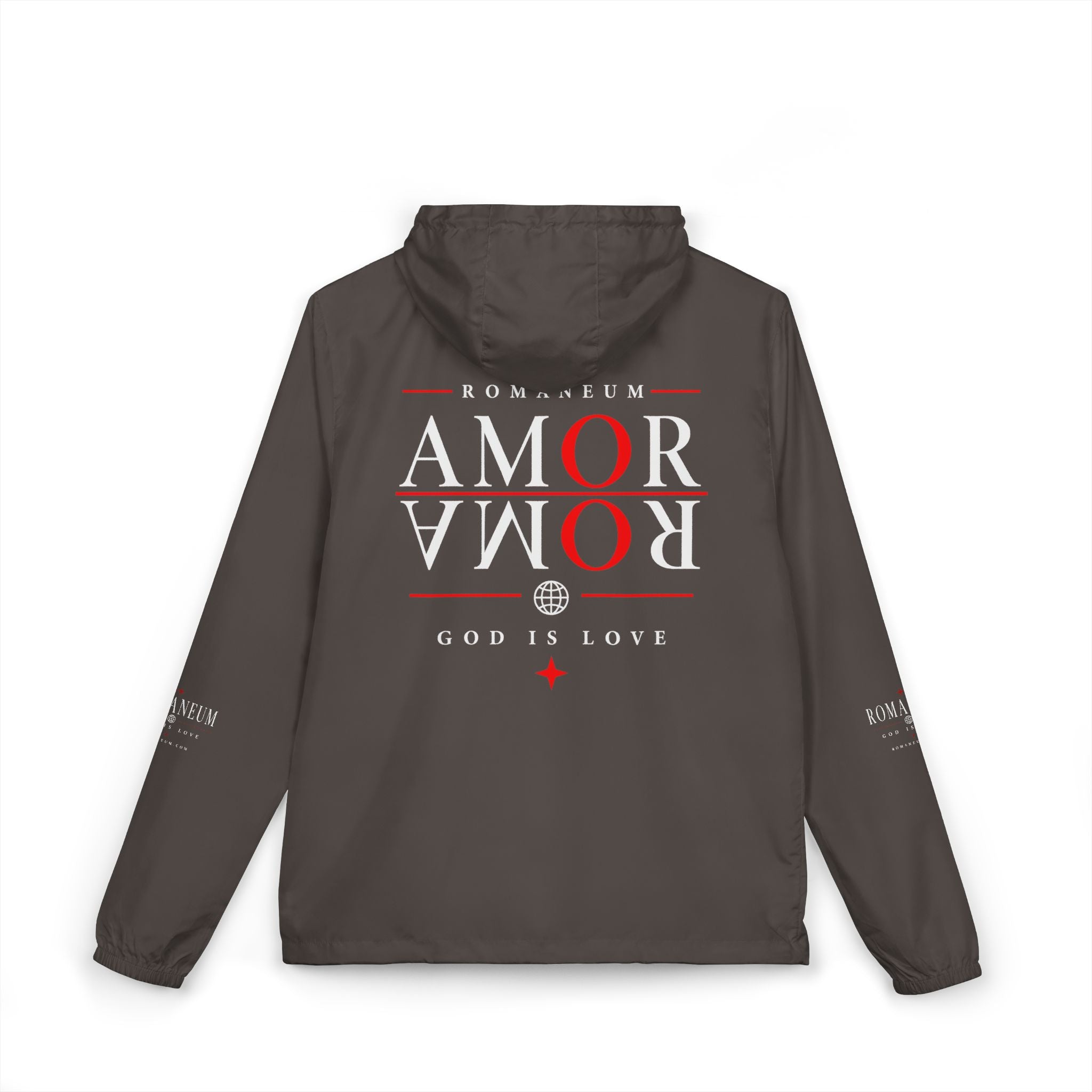 Windbreaker Jacket — 'AMOR ROMA' Christian Graphic Full-Zip Hoodie-Style Windbreaker