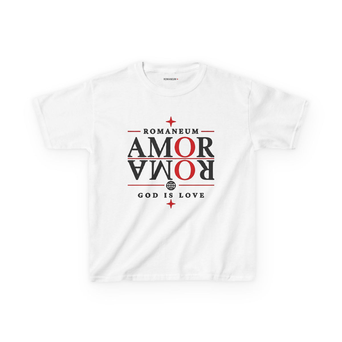 Kids Tee — "Amor Roma / God is Love" Religious Graphic Shirt