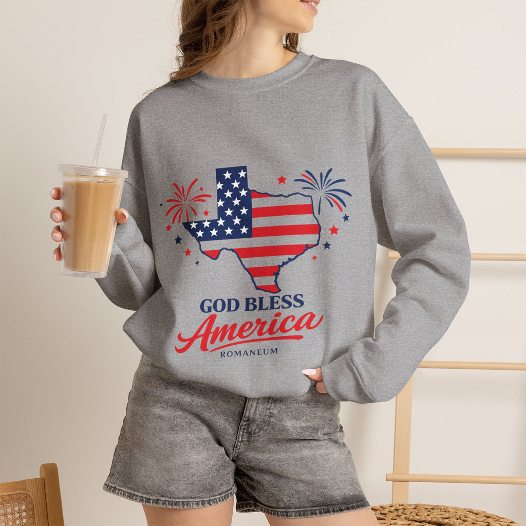 Romaneum God Bless America Flag Heart sweatshirt | Patriotic 4th of July crewneck