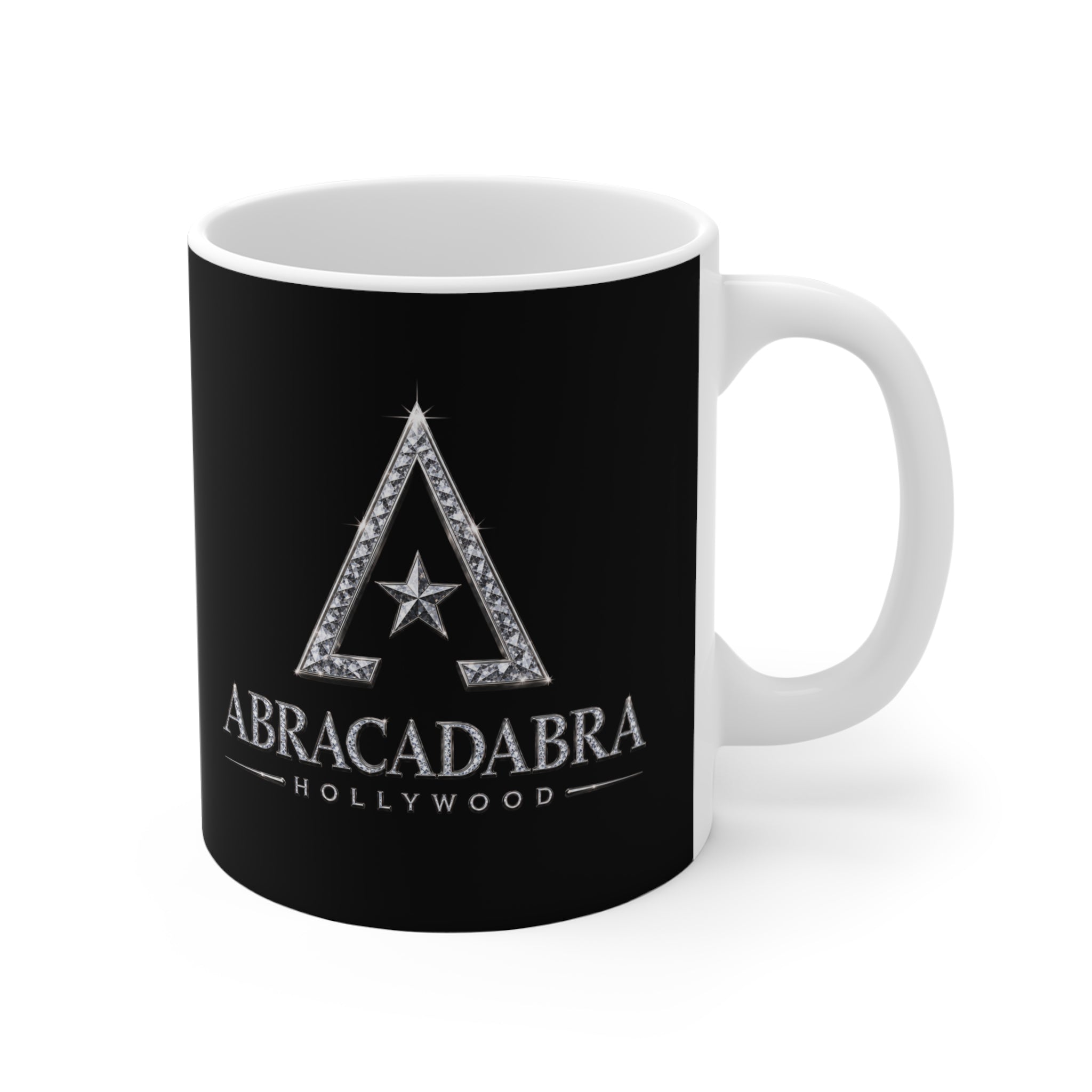 Abracadabra Hollywood Logo Mug — 11oz Black Ceramic Coffee Cup