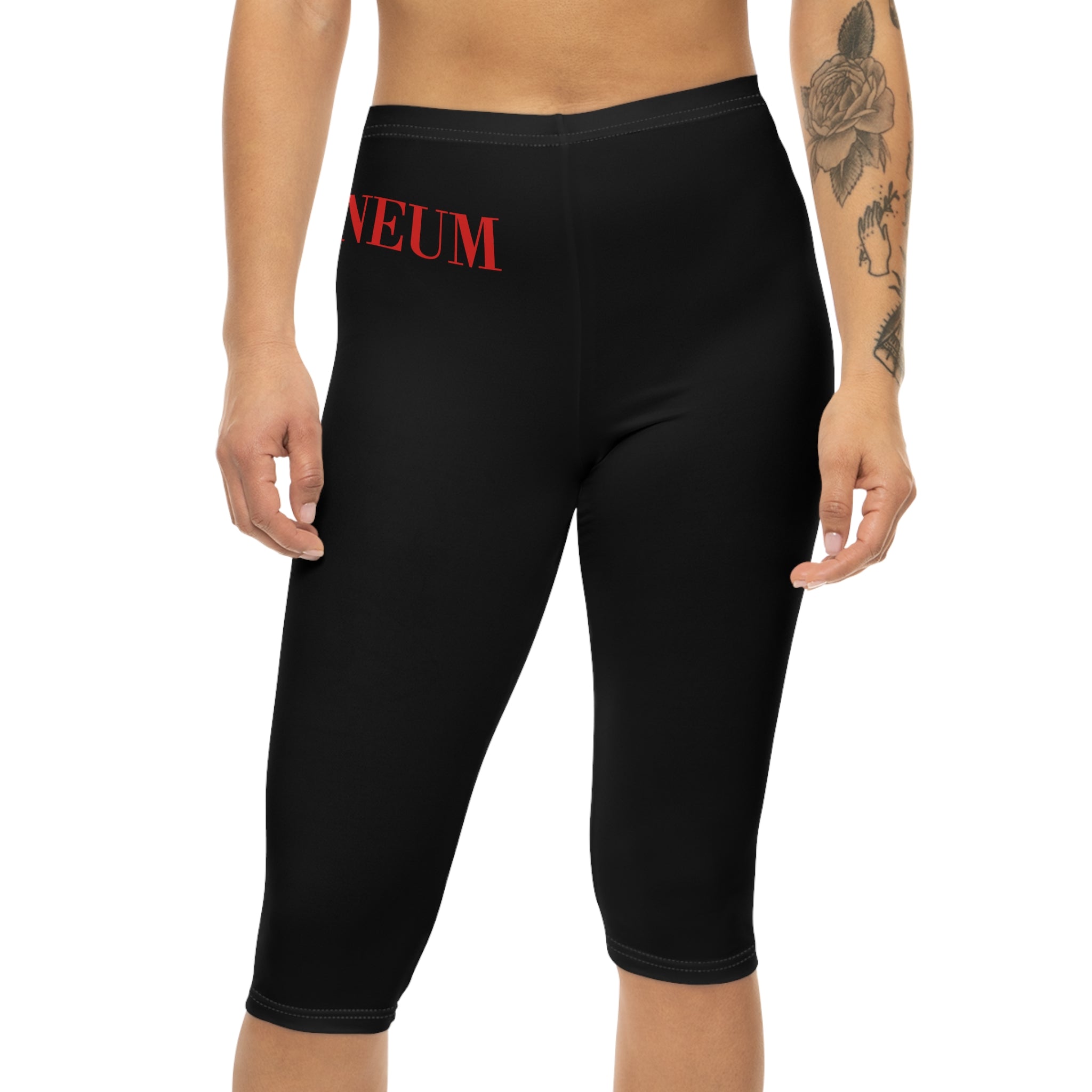 Romaneum Forum Capri Leggings — Black Capri Leggings with ROMANEUM Red Vertical Text
