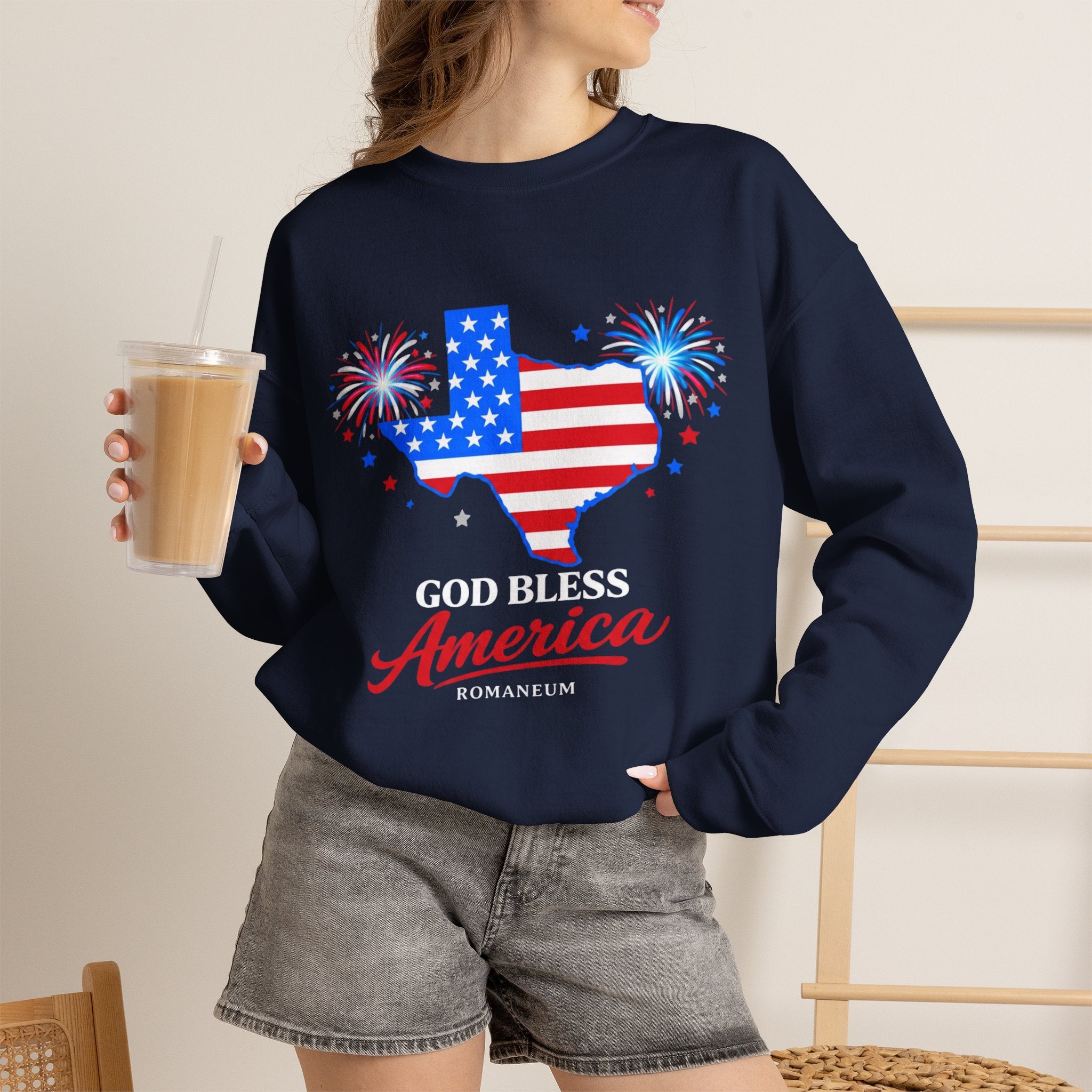 Romaneum God Bless America Flag Heart sweatshirt | Patriotic 4th of July crewneck
