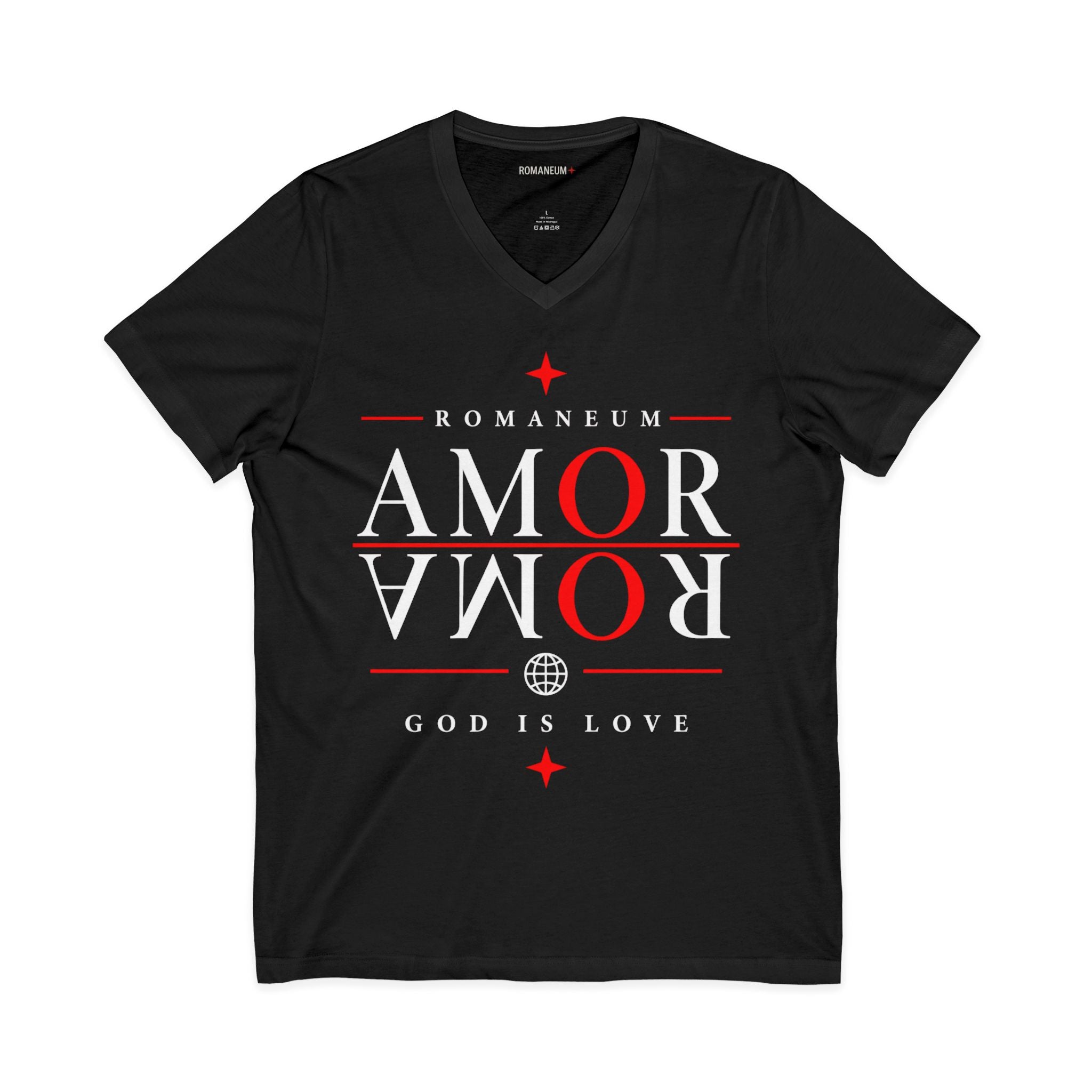 Romaneum "Amor/Roma" V-Neck Tee — God Is Love Christian Graphic Shirt