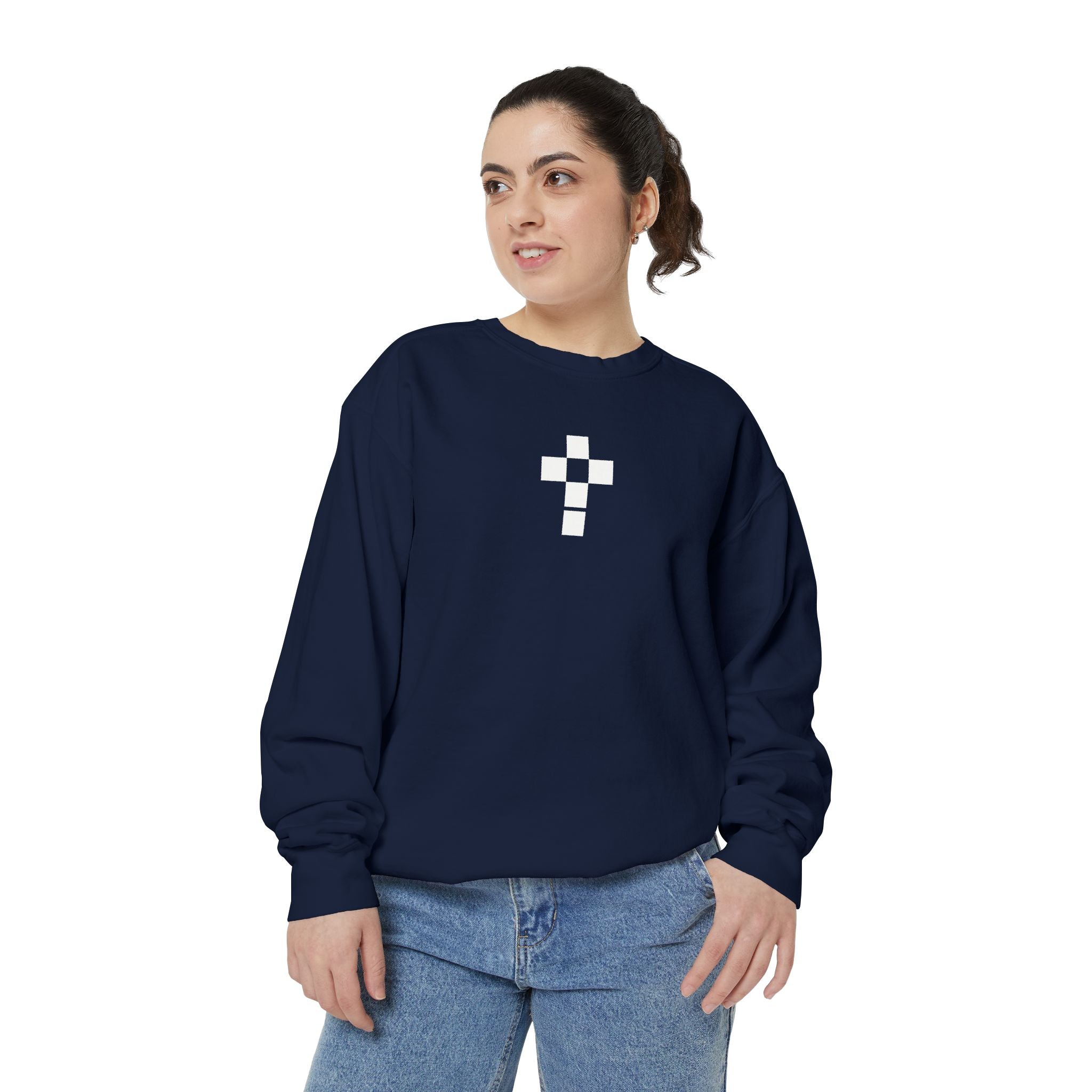 Romaneum Checkerboard Cross Sweatshirt | Minimal Religious Crewneck
