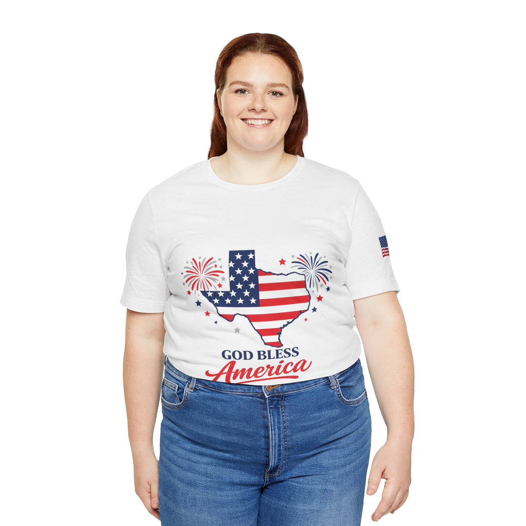 Romaneum God Bless America map tee | American flag outline, fireworks, patriotic shirt