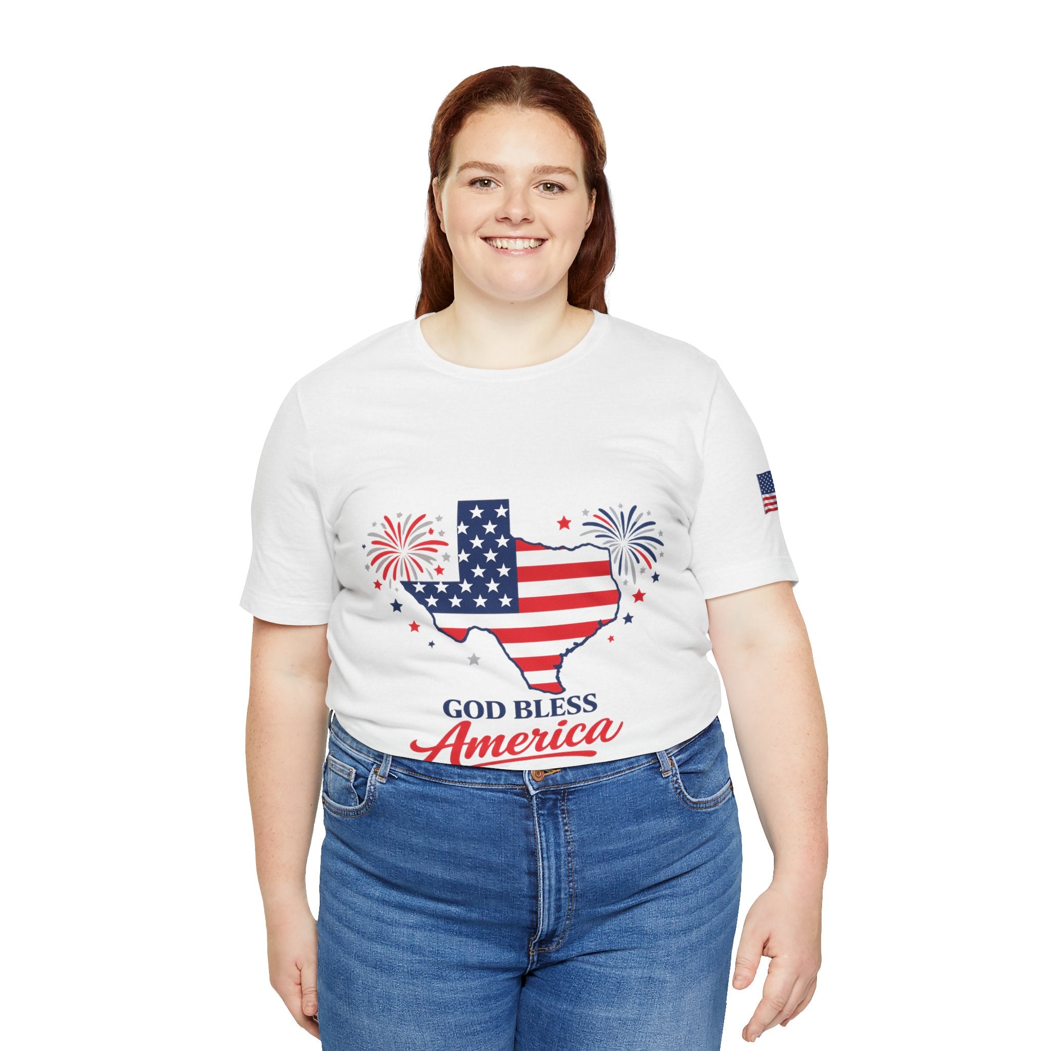Romaneum God Bless America map tee | American flag outline, fireworks, patriotic shirt