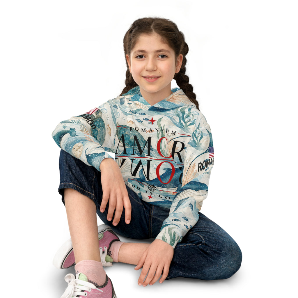 Children's All-Over-Print Hoodie — Whale & Ocean Watercolor "Amor Roma" Design (God Is Love)
