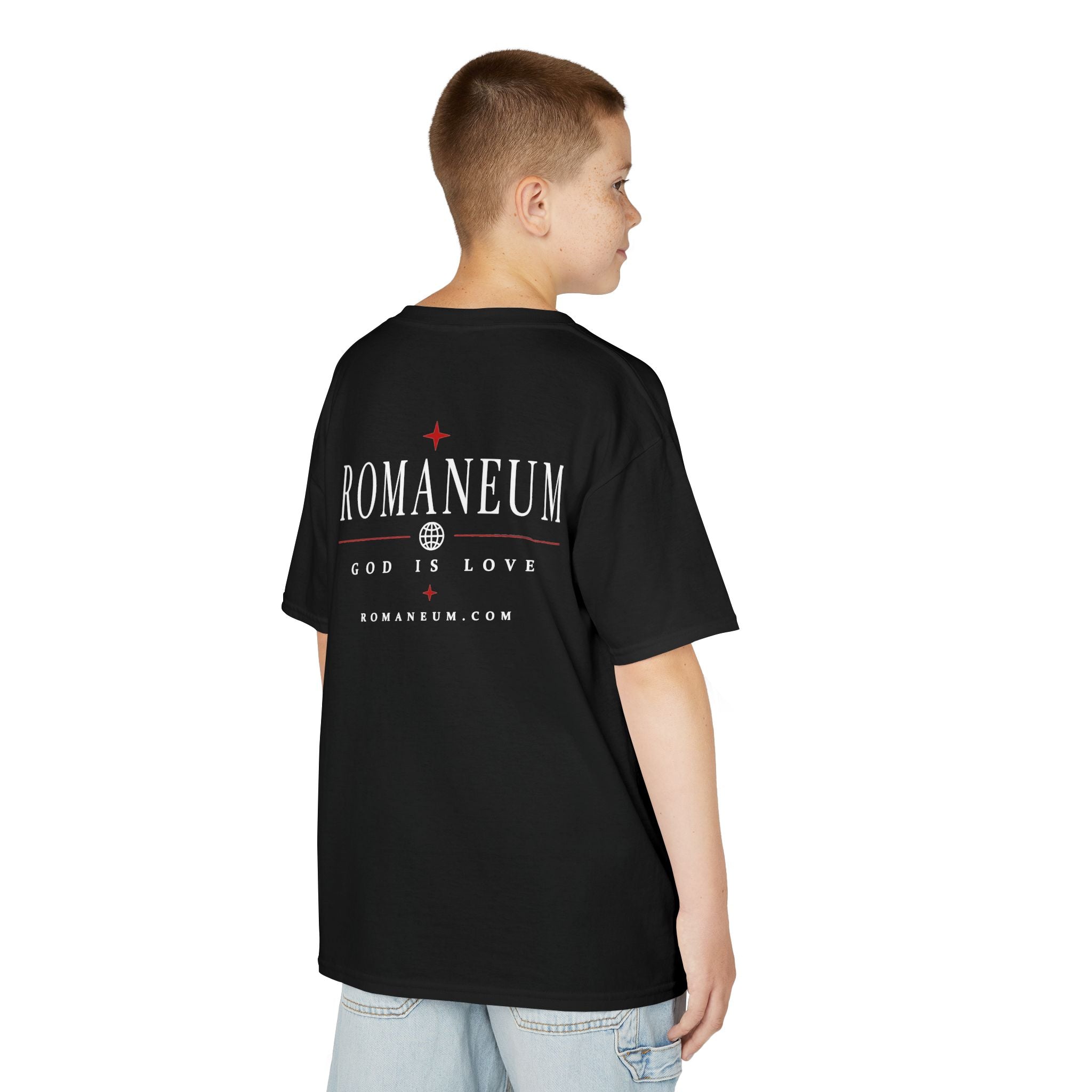 Kids Tee — "Amor Roma / God is Love" Religious Graphic Shirt