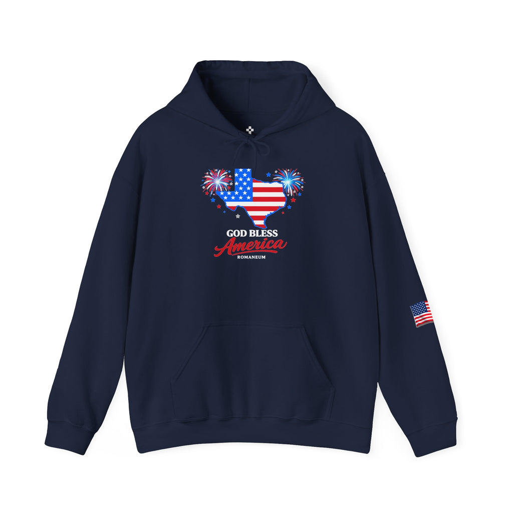 Romaneum God Bless America flag map Hoodie | American flag fireworks sleeve