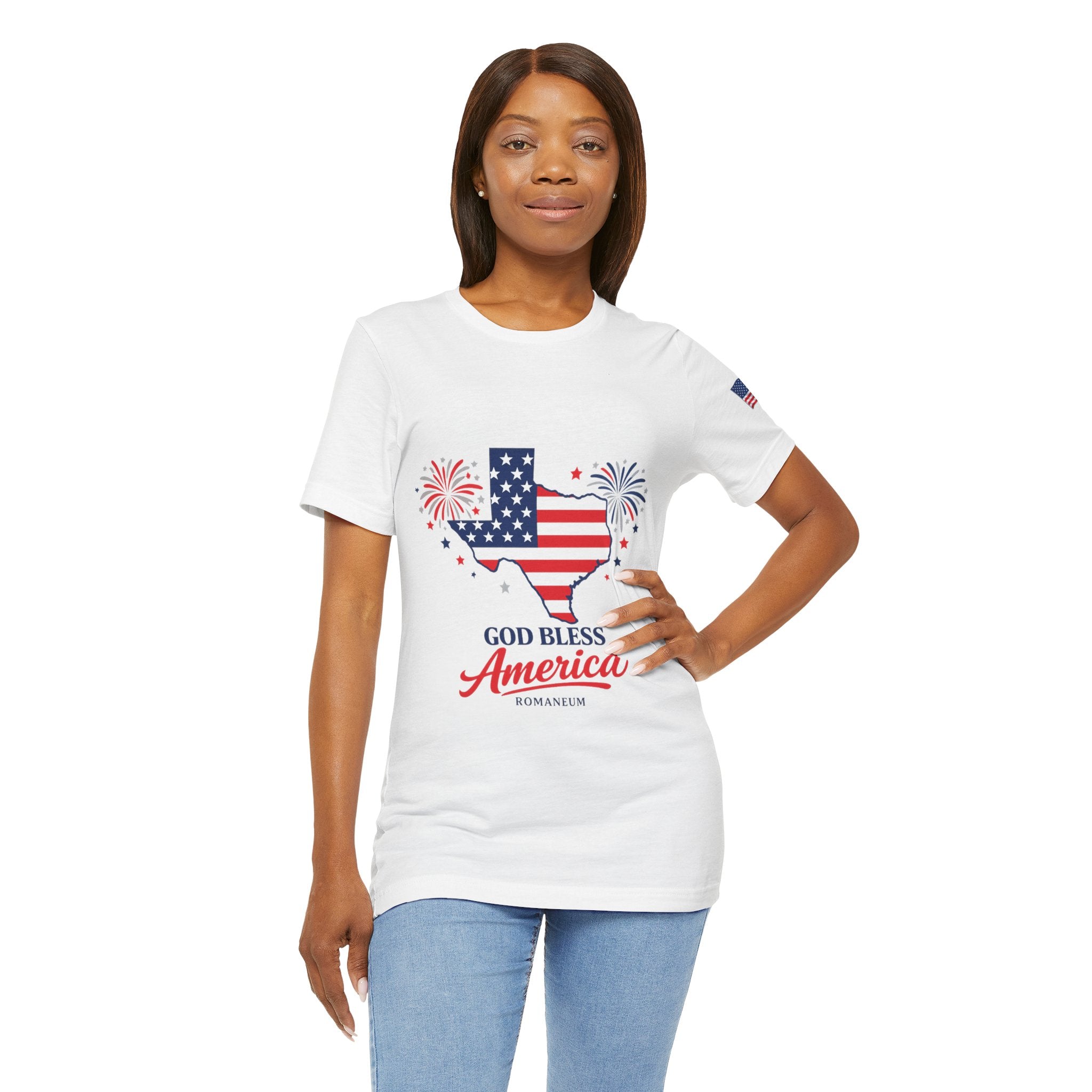 Romaneum God Bless America map tee | American flag outline, fireworks, patriotic shirt