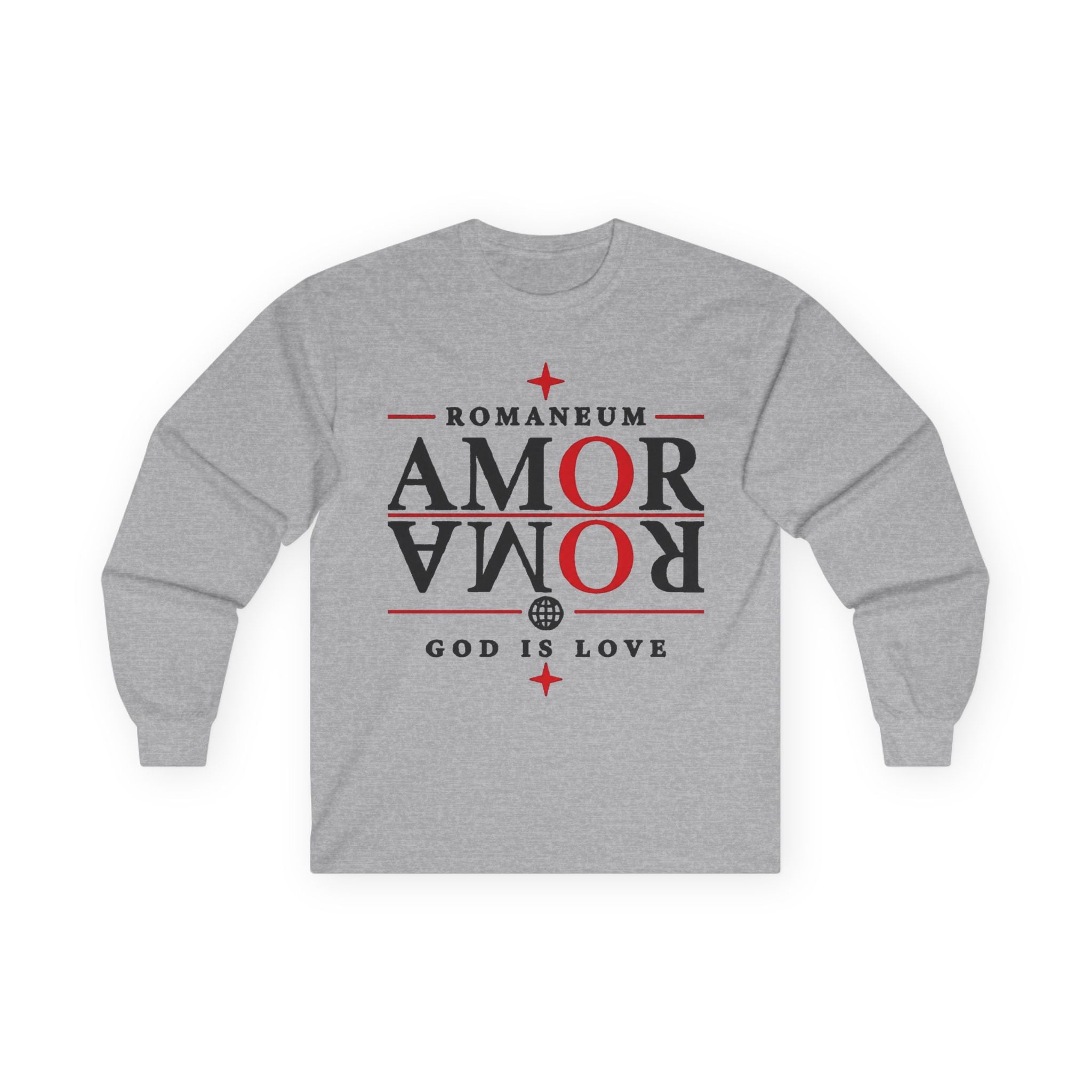 Long Sleeve Tee — "AMOR" Romaneum God Is Love Religious Graphic Shirt