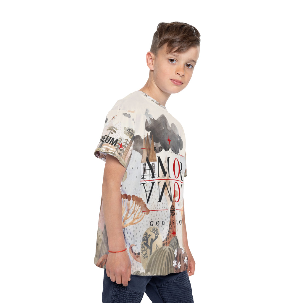 Kids All-Over Print Jersey — 'Amor Roma / God Is Love' Romaneum Sports Tee