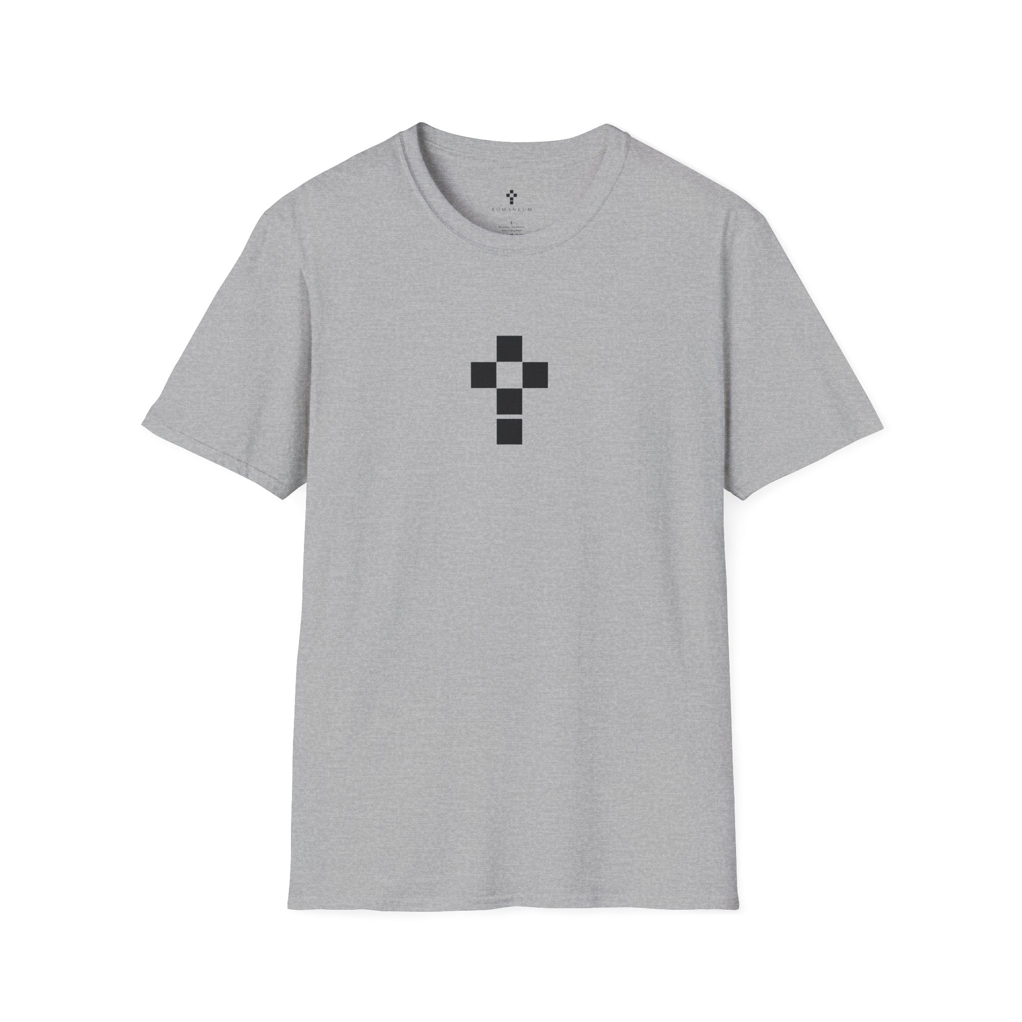 Romaneum Minimal Pixel Cross T-Shirt | Small Geometric Church Symbol