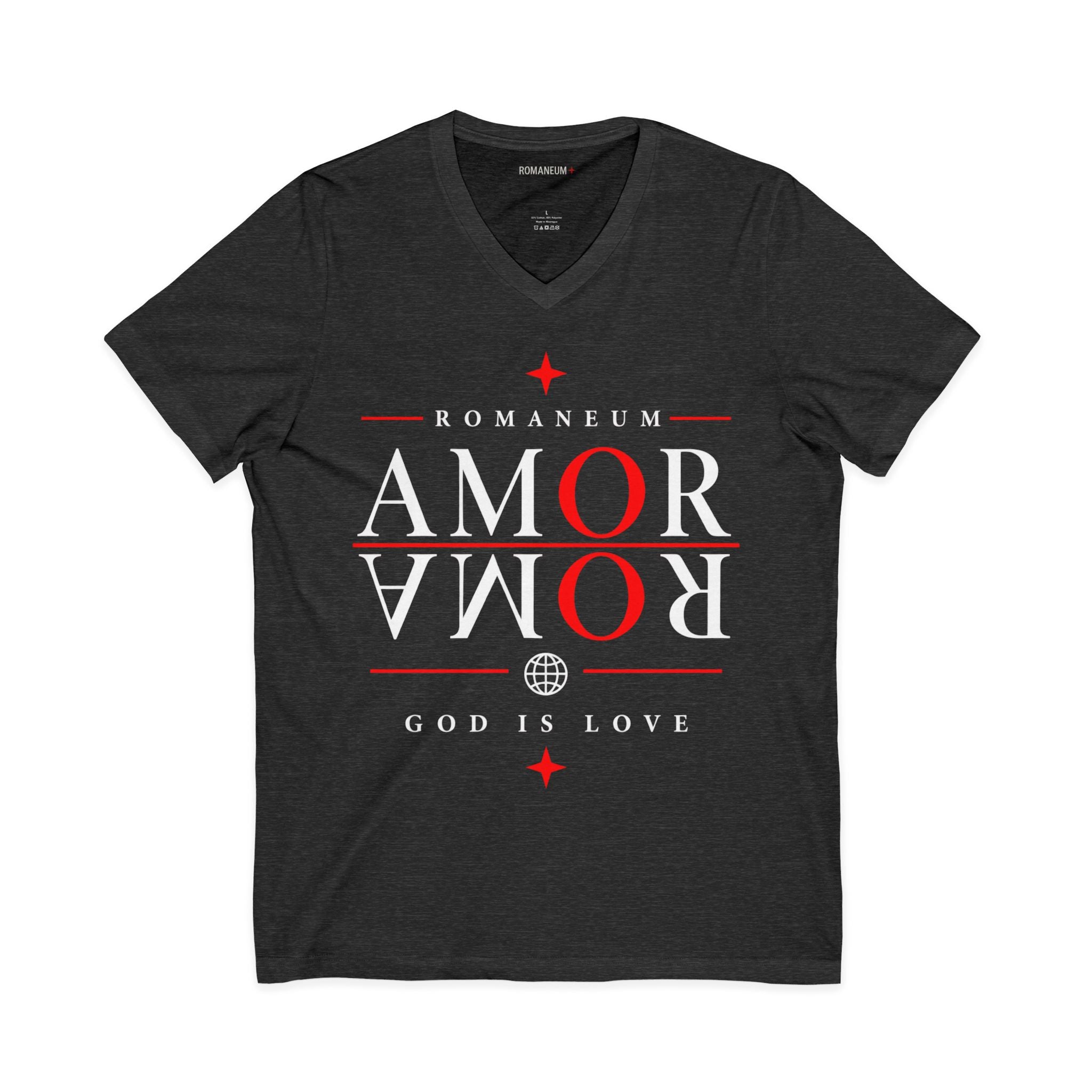 Romaneum "Amor/Roma" V-Neck Tee — God Is Love Christian Graphic Shirt