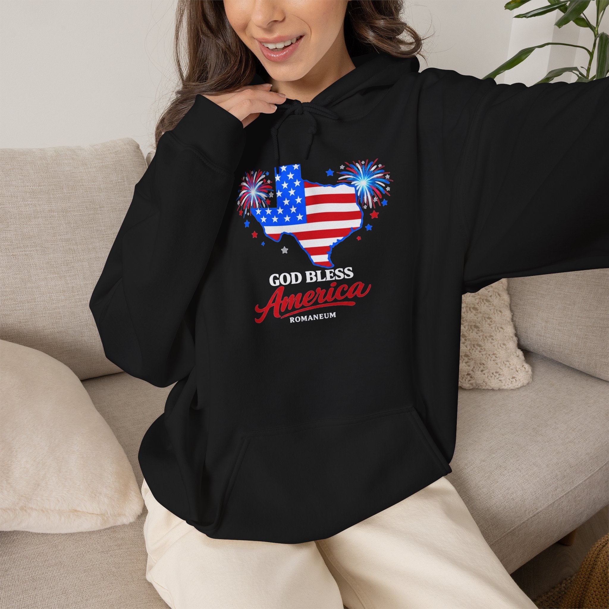 Romaneum God Bless America flag map Hoodie | American flag fireworks sleeve