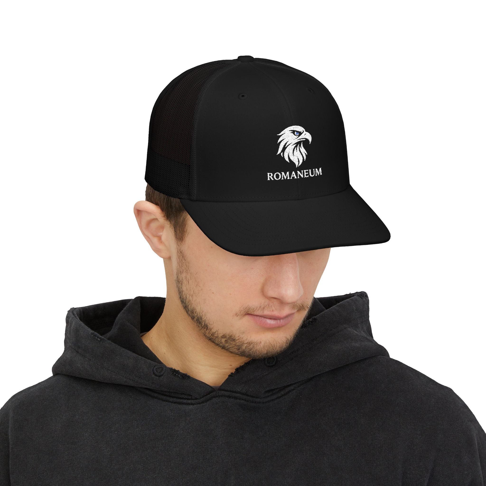Eagle Head Romanem Trucker Cap | Embroidered Black White Mesh