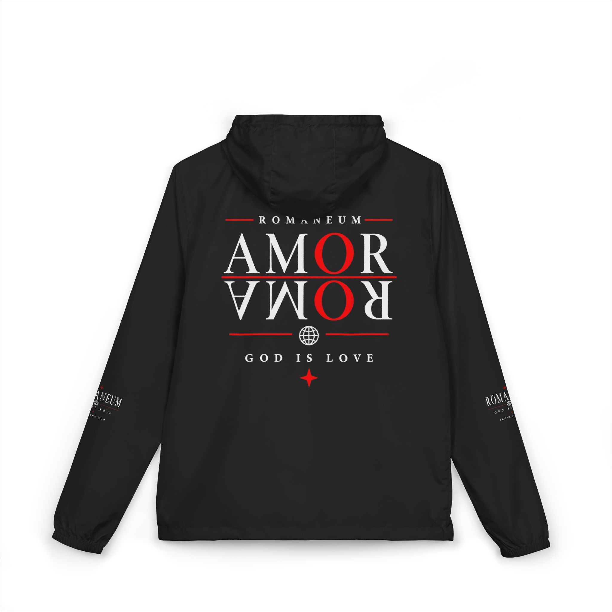 Windbreaker Jacket — 'AMOR ROMA' Christian Graphic Full-Zip Hoodie-Style Windbreaker