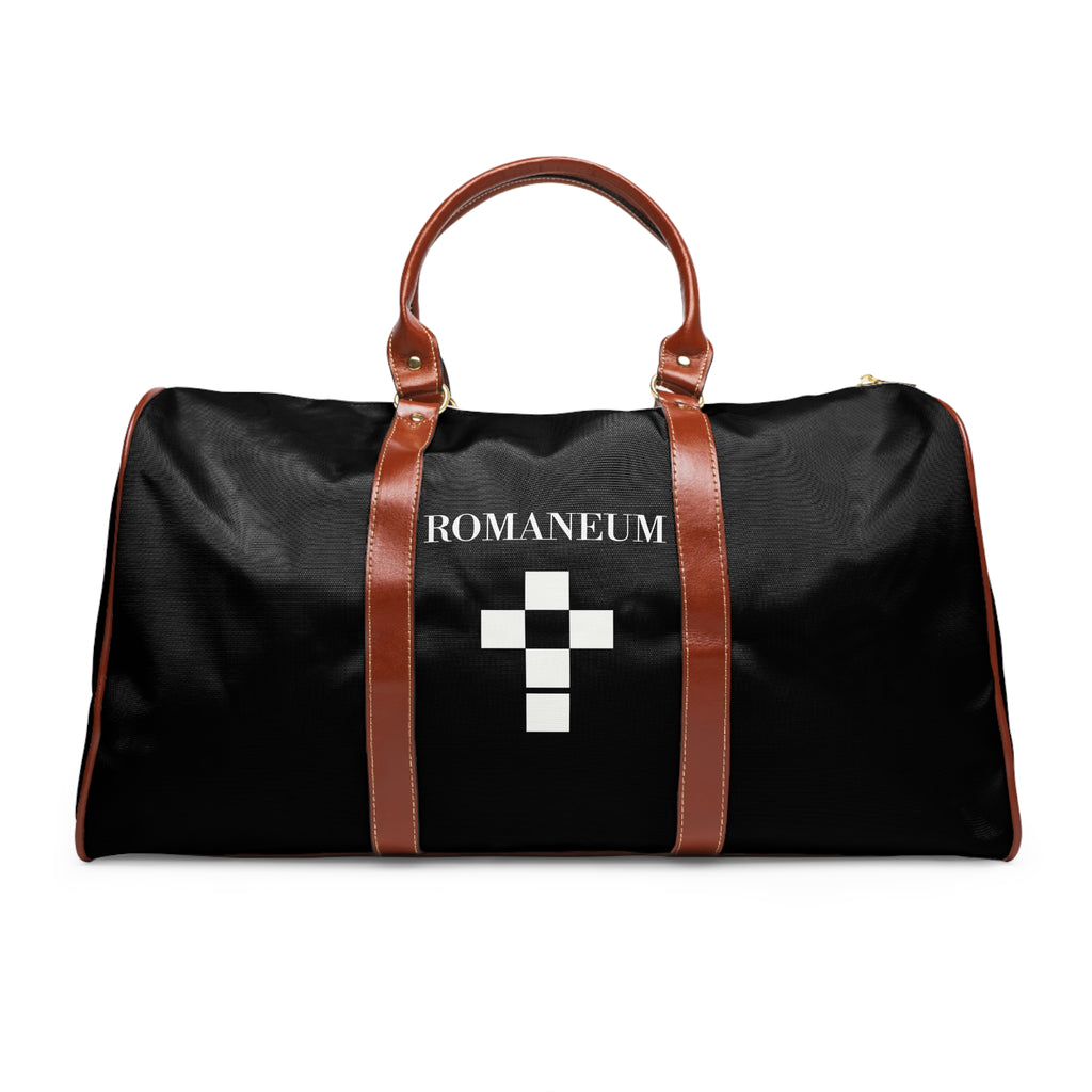 Waterproof Travel Bag – Black Duffle with 'ROMANEUM' & Geometric Cross Design