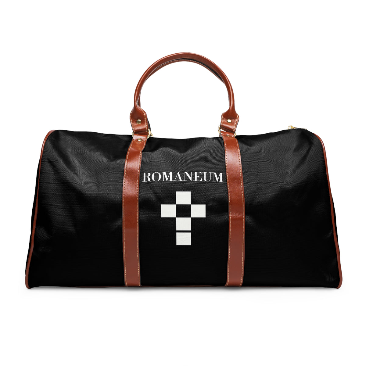 Waterproof Travel Bag – Black Duffle with 'ROMANEUM' & Geometric Cross Design