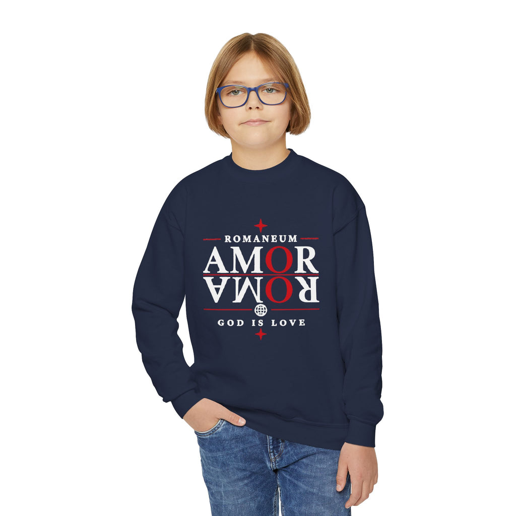 Romaneum Amor Crewneck Sweatshirt — “AMOR/ROMA” God Is Love Youth Pullover