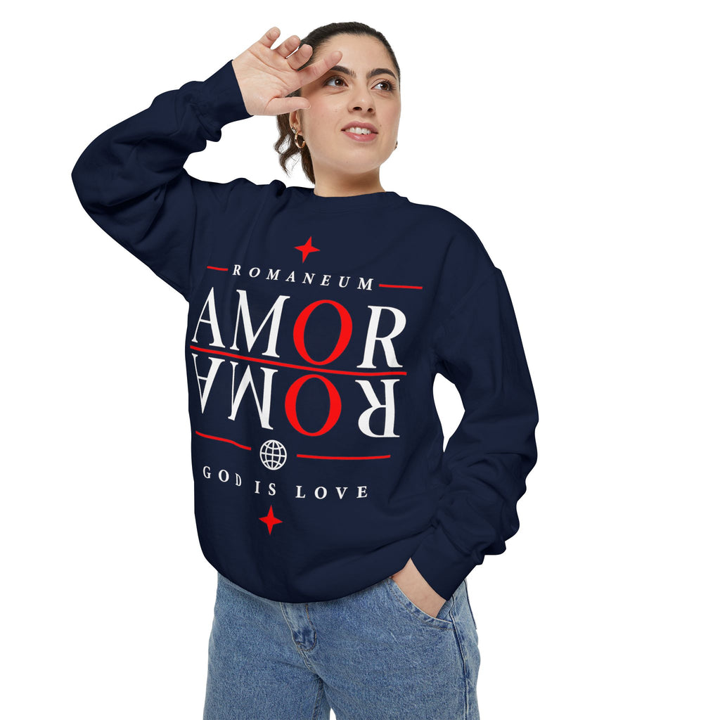 Romaneum Amor Crewneck Sweatshirt — "Amor Roma" Christian Graphic Sweatshirt