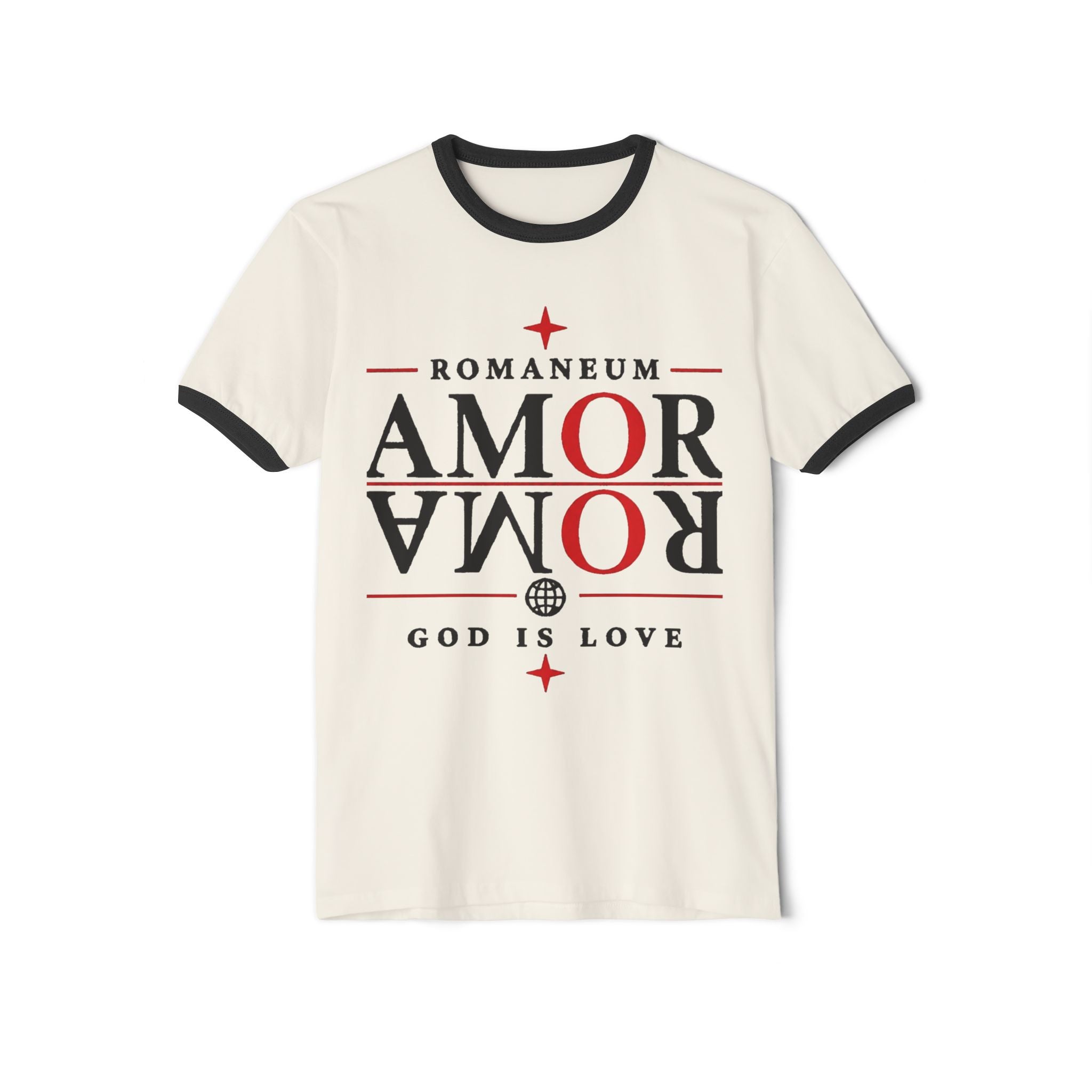 Romaneum "AMOR/ROMA" Ringer Tee — God Is Love Christian T‑Shirt