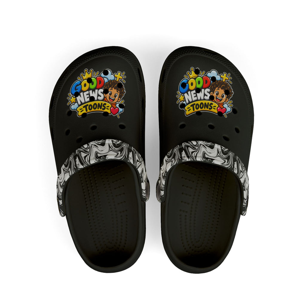Kids 'Good News Toons' Black EVA Foam Clogs — Fun Cartoon Slip-Ons