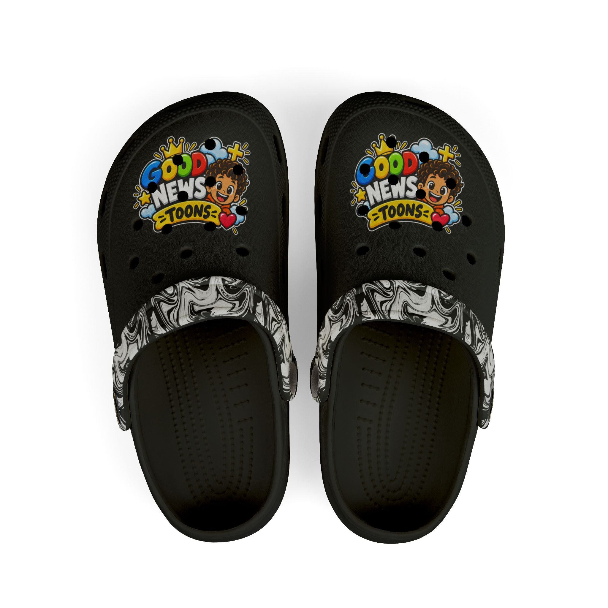 Kids 'Good News Toons' Black EVA Foam Clogs — Fun Cartoon Slip-Ons