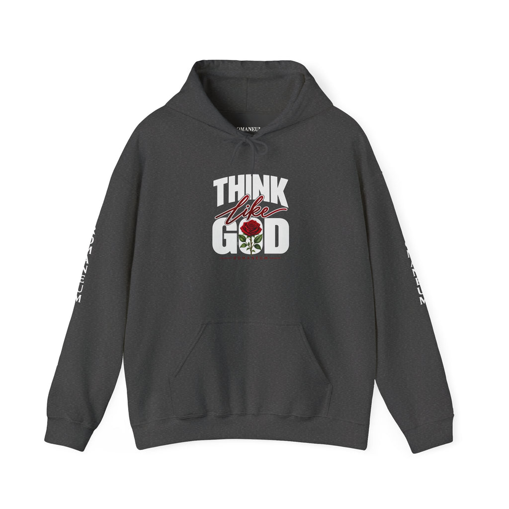 Think Like God Hoodie — Graphic Religious Pullover with Romaneum Sleeve Print