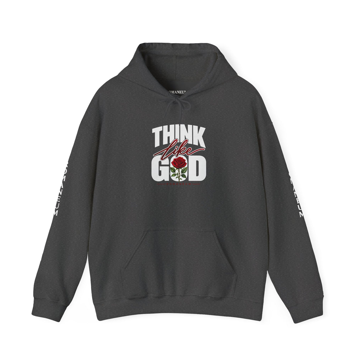 Think Like God Hoodie — Graphic Religious Pullover with Romaneum Sleeve Print