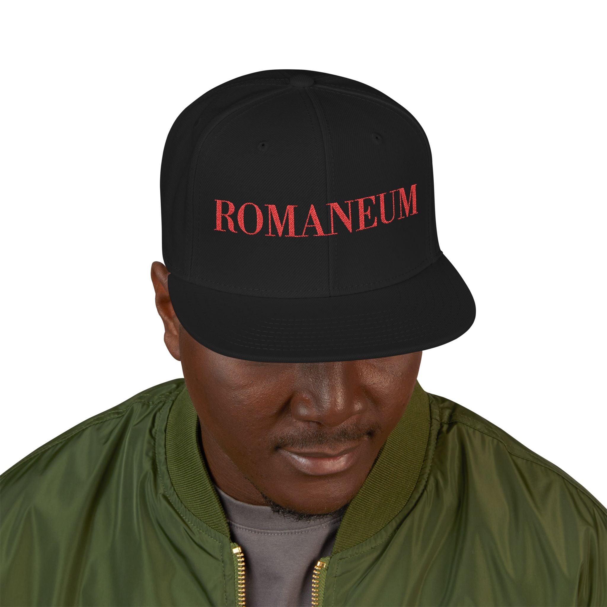 Embroidered Snapback Cap — Red Vintage 'ROMANEUM' Text