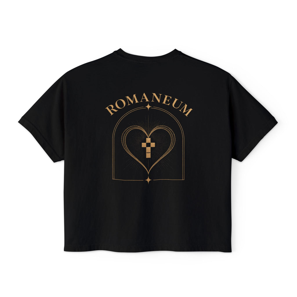 Romaneum Women's Boxy Tee — Gold Cross & Heart Spiritual Graphic