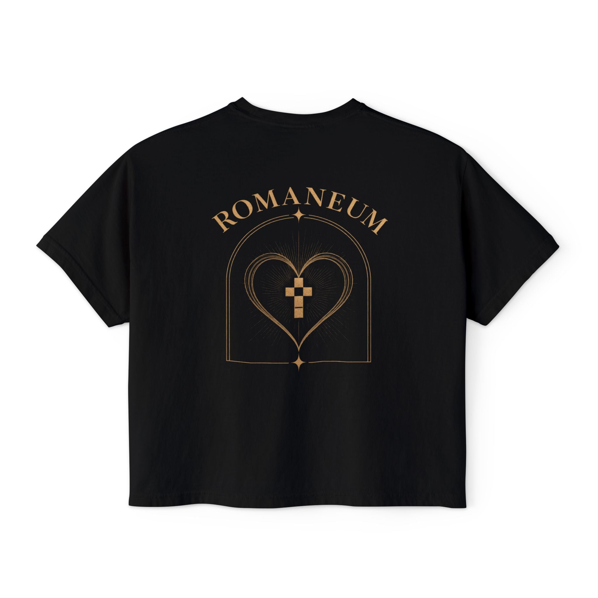 Romaneum Women's Boxy Tee — Gold Cross & Heart Spiritual Graphic