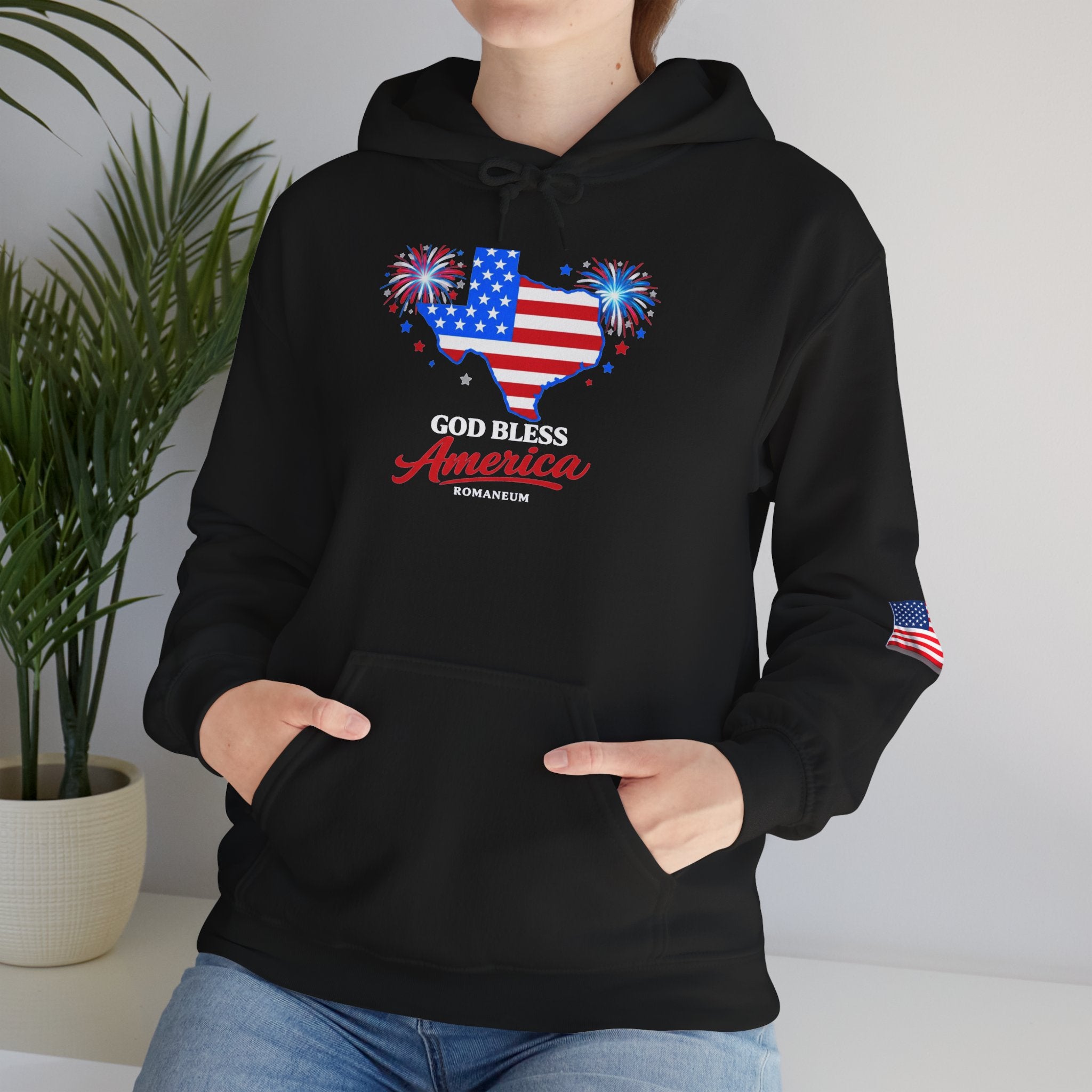 Romaneum God Bless America flag map Hoodie | American flag fireworks sleeve