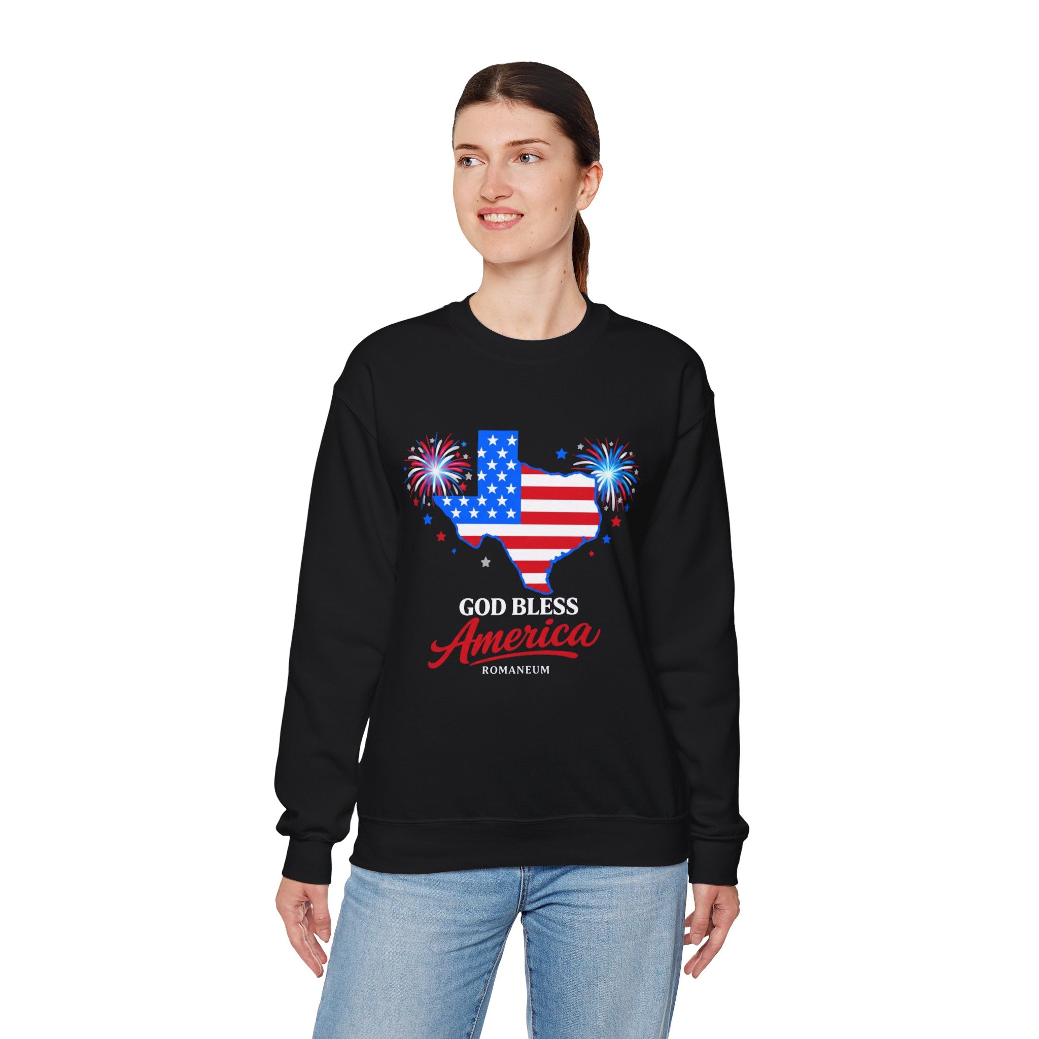 Romaneum God Bless America Flag Heart sweatshirt | Patriotic 4th of July crewneck