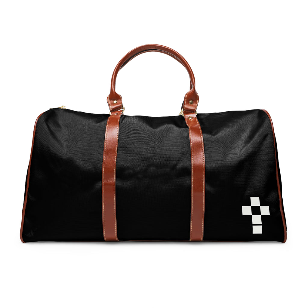 Waterproof Travel Bag – Black Duffle with 'ROMANEUM' & Geometric Cross Design