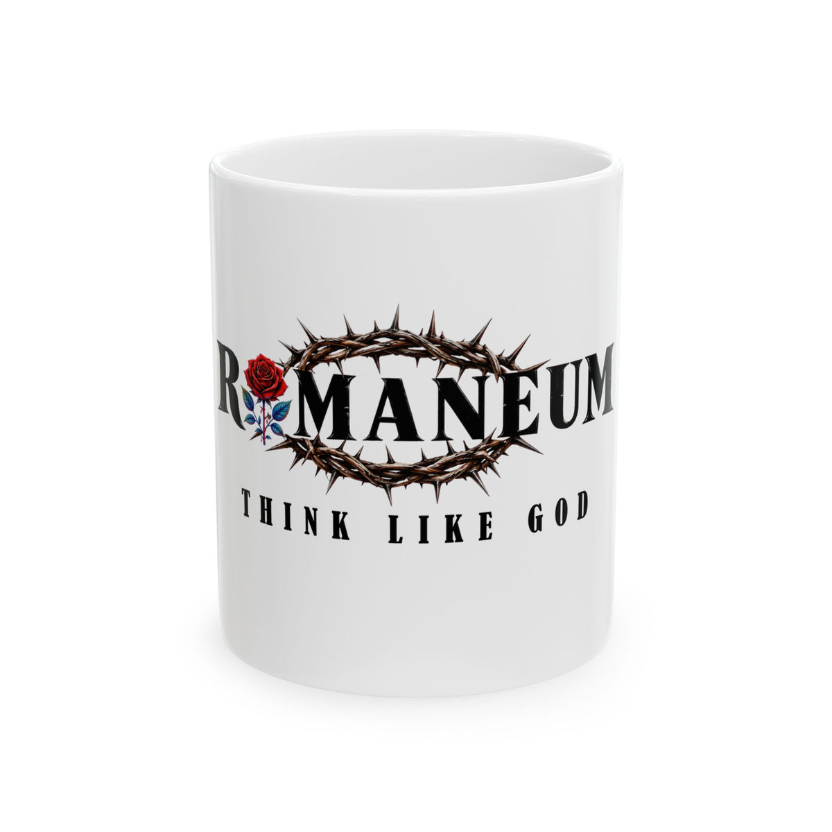 Ceramic Mug — Romaneum 'Think Like God'  Coffee Mug with Crown of Thorns & Rose