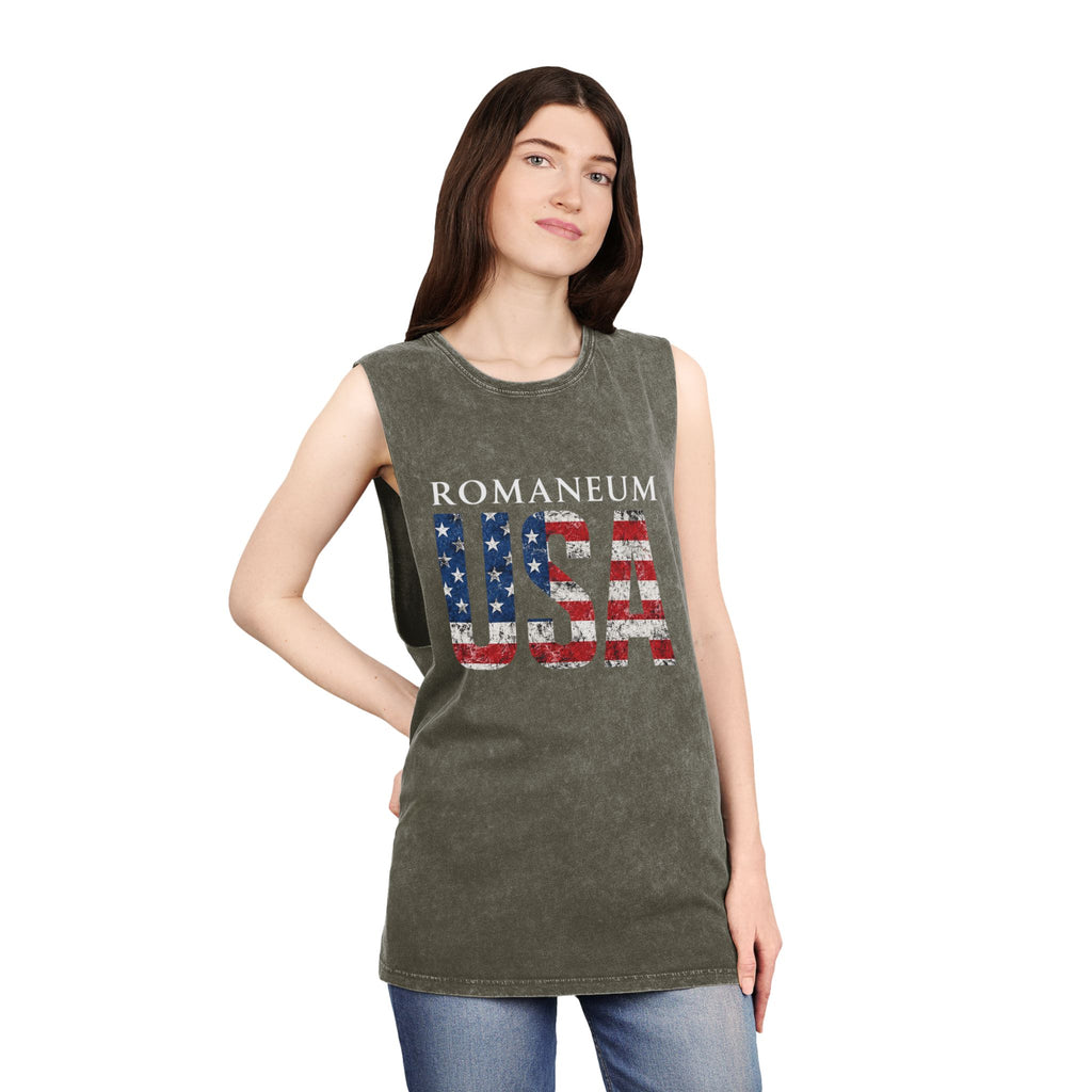 Romanеum USA Stonewash Tank — Vintage American Flag Muscle Tee