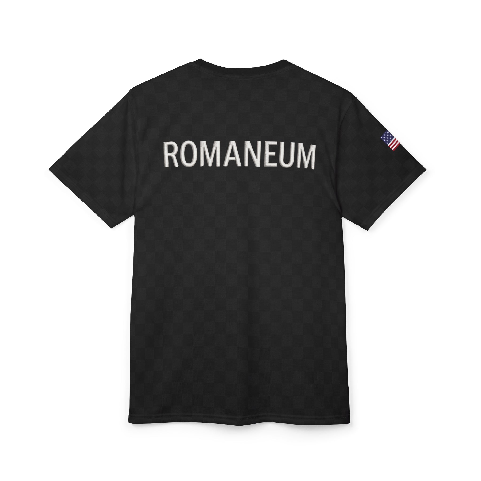Black Checkered 'ROMANEUM' Logo Tee — All-Over Print Cut & Sew Shirt