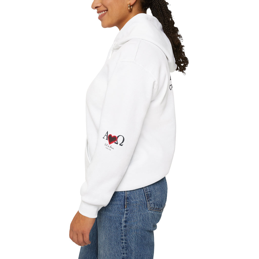 Romaneum Alpha Omega Heart Hoodie | God is Love 1 John 4:8 Christian Hoodie