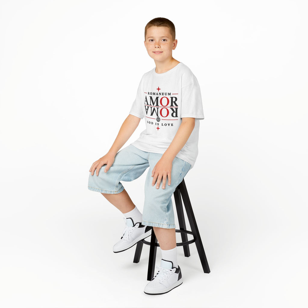 Kids Tee — "Amor Roma / God is Love" Religious Graphic Shirt