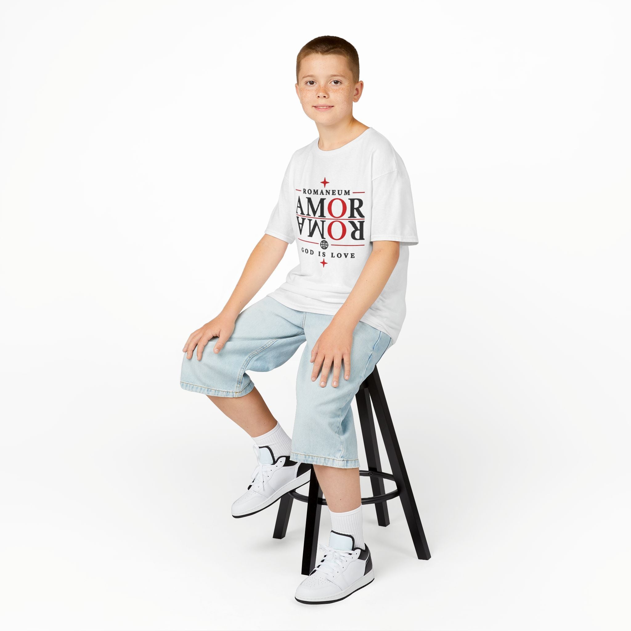 Kids Tee — "Amor Roma / God is Love" Religious Graphic Shirt